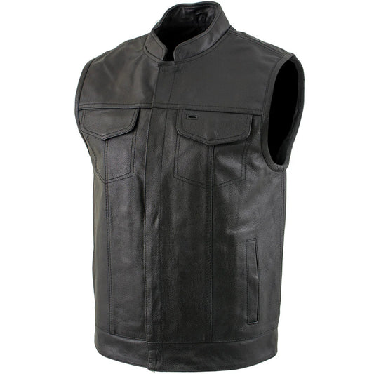 Front view of a black leather motorcycle vest with two flap chest pockets and vertical paneling, shown on a mannequin.