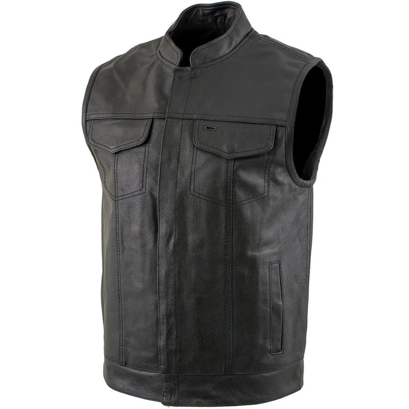 Front view of a black leather motorcycle vest with two flap chest pockets and vertical paneling, shown on a mannequin.