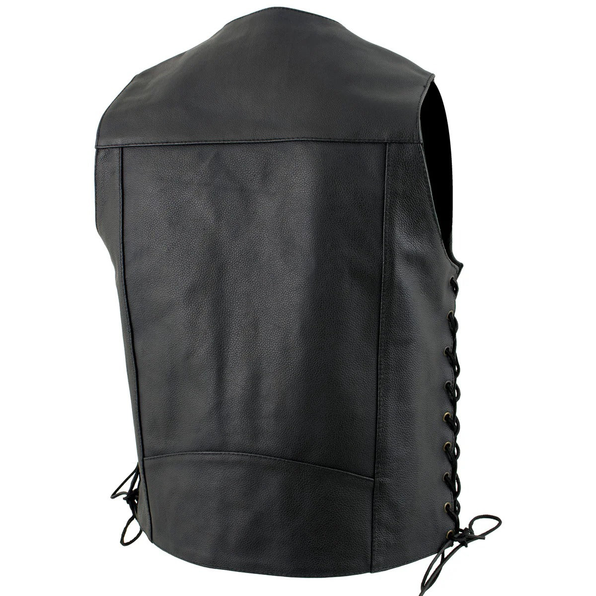 Men's Classic Black Leather Motorcycle Vest with four gold snap buttons and adjustable leather side laces.