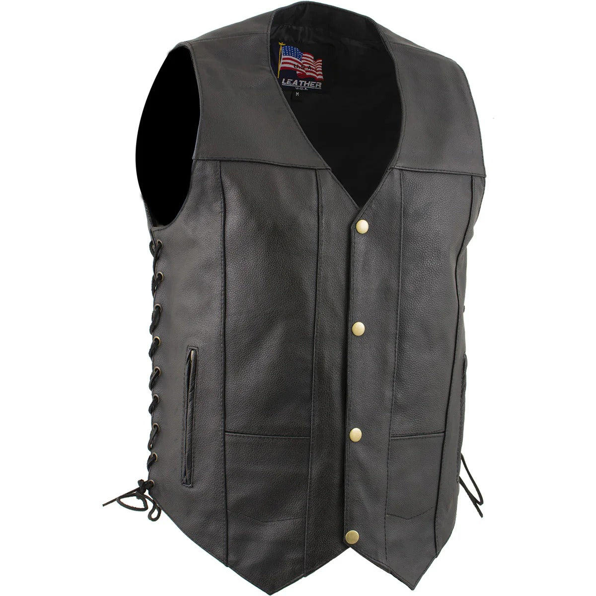 Front view of a black pebbled leather biker vest with V-neck, shoulder yoke, two waist pockets, and leather ties on the sides for fit.