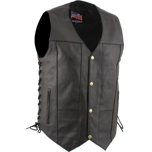 Front view of a black pebbled leather biker vest with V-neck, shoulder yoke, two waist pockets, and leather ties on the sides for fit.