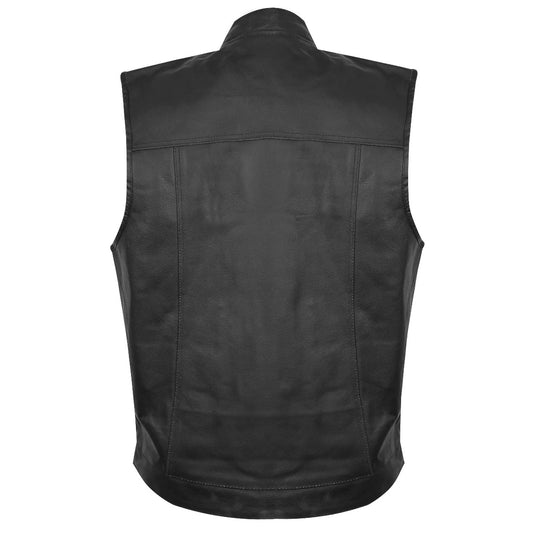 Men's Black Leather Club Vest with a mandarin collar, chest flap pockets, and a clean, traditional biker design.