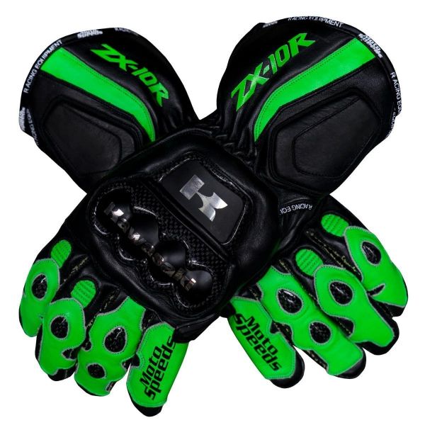 Kawasaki Ninja ZX-10R racing leather motorcycle gloves in lime green and black with metallic knuckle armor.