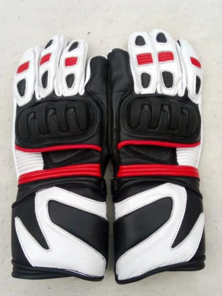 Men's tricolor leather motorcycle racing gloves in black, white, and red with articulated knuckle armor.
