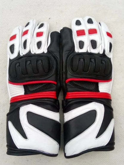 Men's tricolor leather motorcycle racing gloves in black, white, and red with articulated knuckle armor.