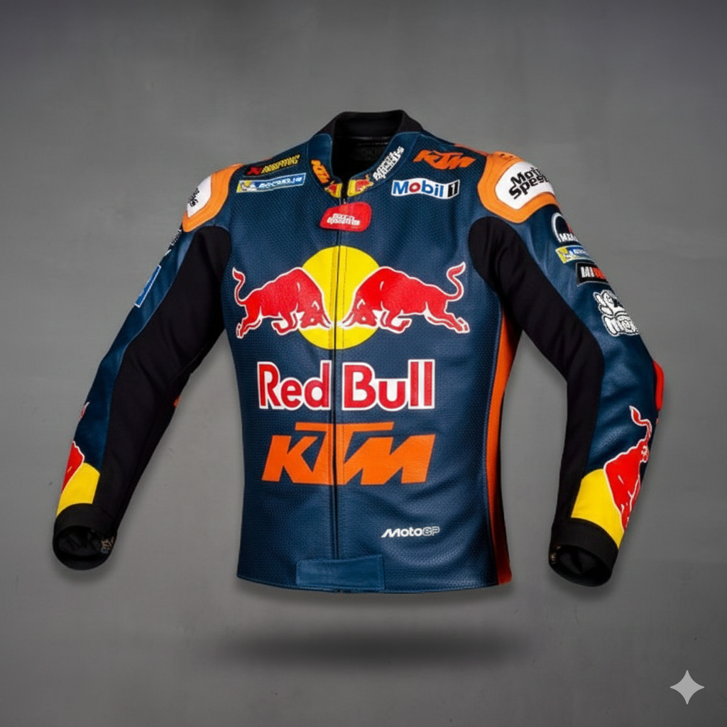 Kawasaki Ninja Red Bull cobalt blue leather motorcycle racing jacket.