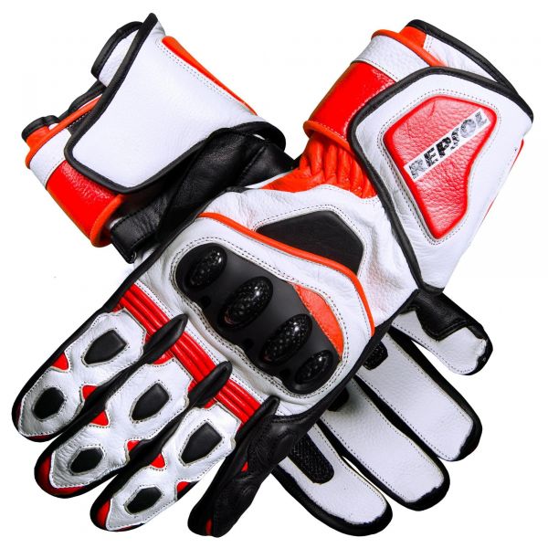 Repsol pro motorbike leather racing gloves in orange, white, and black with carbon knuckle armor.