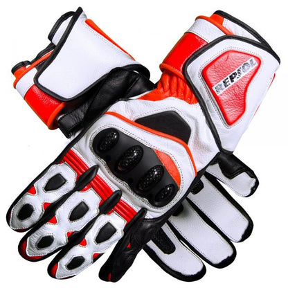 Repsol pro motorbike leather racing gloves in orange, white, and black with carbon knuckle armor.