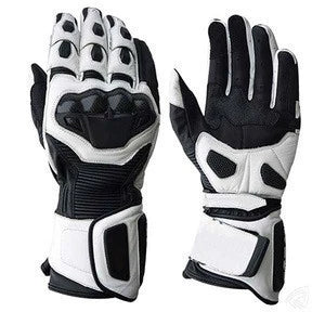 Customizable leather motorcycle racing gloves with carbon fiber knuckles in a black and white track design.