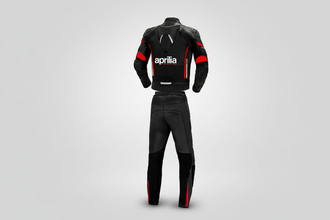 Detailed view of the Aprilia Racing chest branding, Akrapovič patch, and accordion stretch panels on a professional racing suit.
