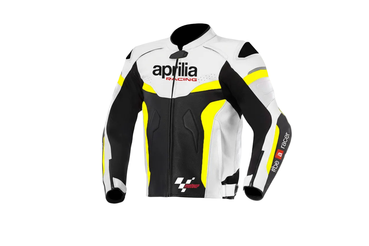 Aprilia Racing white, yellow, and black leather motorcycle jacket with '#be a racer' branding and MotoGP logo.