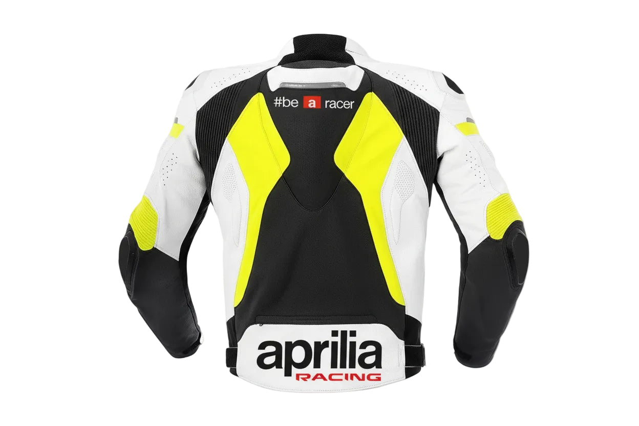 Detailed view of the high-visibility yellow technical accents and white leather panels on a professional Aprilia racing jacket.
