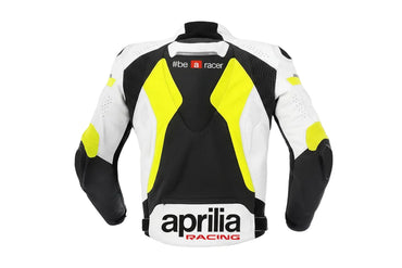 Detailed view of the high-visibility yellow technical accents and white leather panels on a professional Aprilia racing jacket.