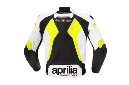 Detailed view of the high-visibility yellow technical accents and white leather panels on a professional Aprilia racing jacket.