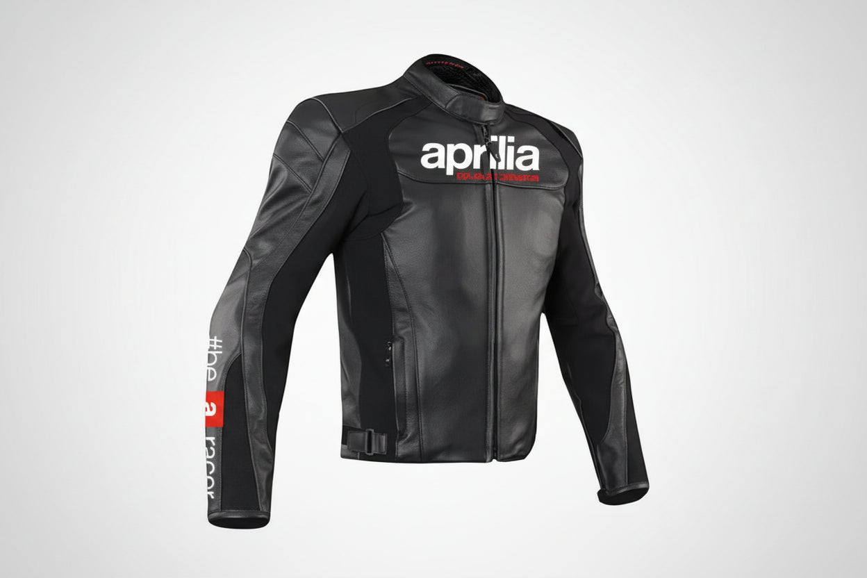 Aprilia Racing white and red leather motorcycle jacket with sponsor logos and integrated armor.