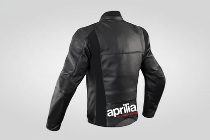 Detailed view of the Aprilia Racing chest branding, red technical strikes, and white leather panels on a professional racing jacket.