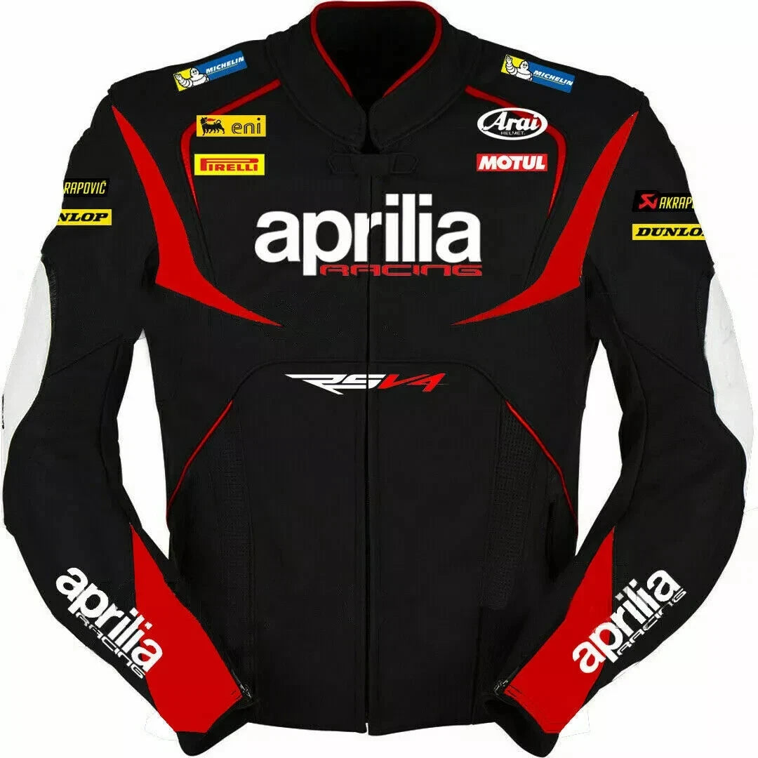 Aprilia Racing black, red, and white leather motorcycle racing jacket with RSV4 branding and sponsor logos.