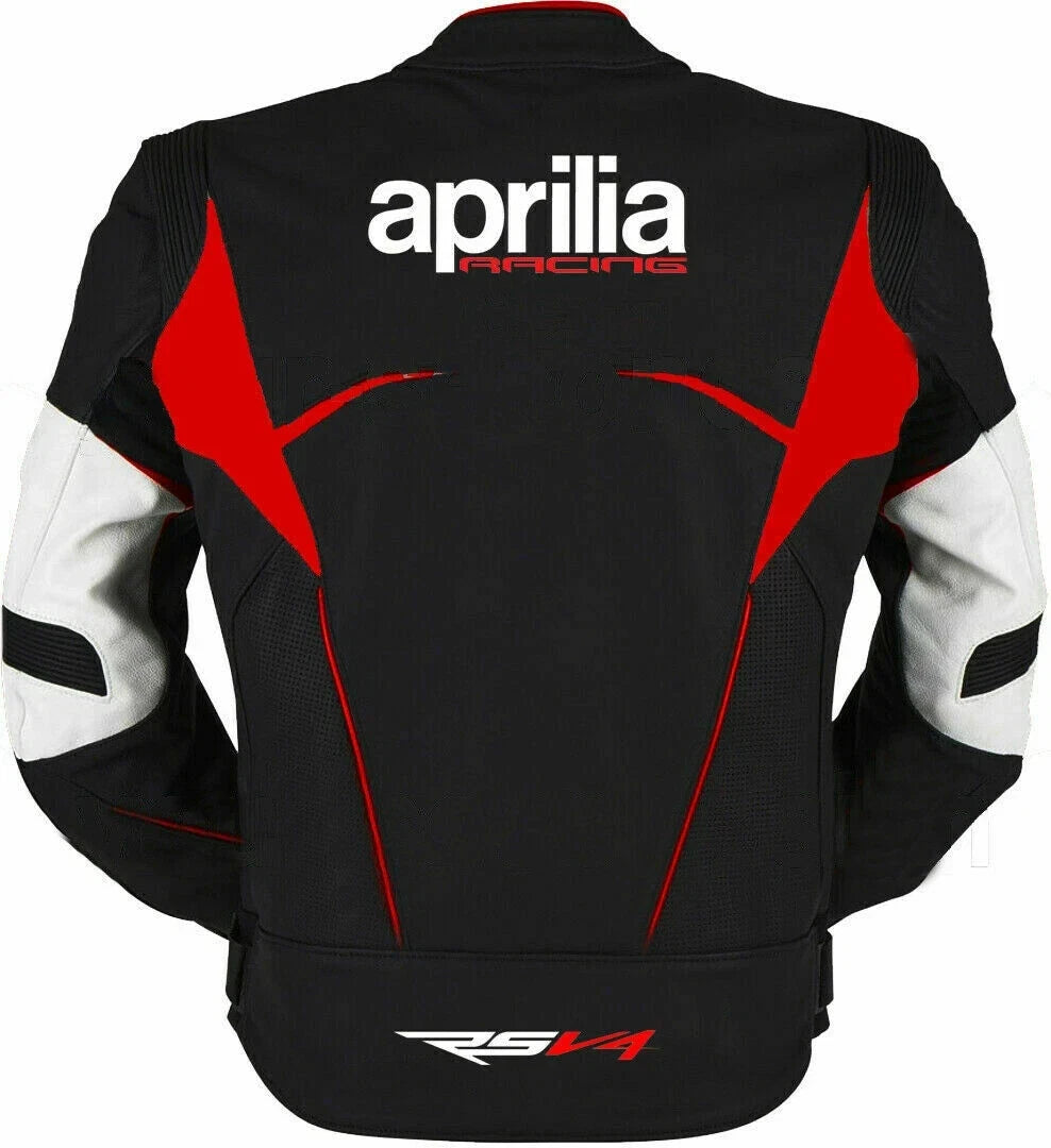 Detailed view of the Aprilia Racing chest logo, red technical strikes, and white leather sleeve panels on a racing jacket.