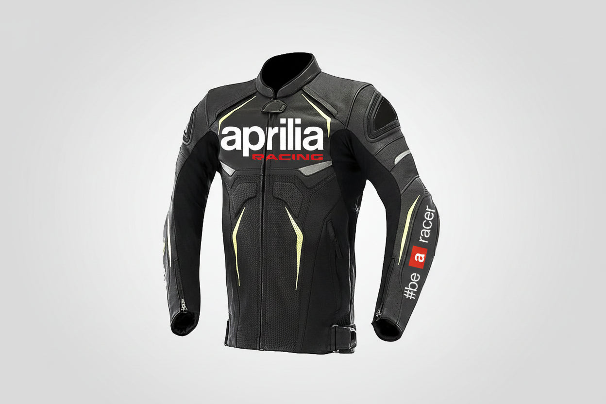 Aprilia Racing black, white, red, and yellow leather motorcycle jacket with '#be a racer' branding and integrated armor.