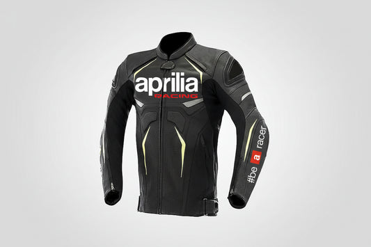 Aprilia Racing black, white, red, and yellow leather motorcycle jacket with '#be a racer' branding and integrated armor.