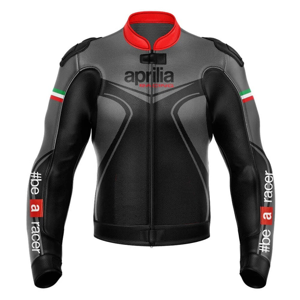 Aprilia Racing black, red, and grey leather motorcycle racing jacket with factory branding and sponsor logos.