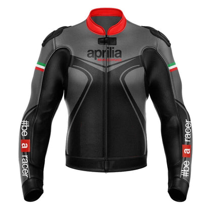 Aprilia Racing black, red, and grey leather motorcycle racing jacket with factory branding and sponsor logos.