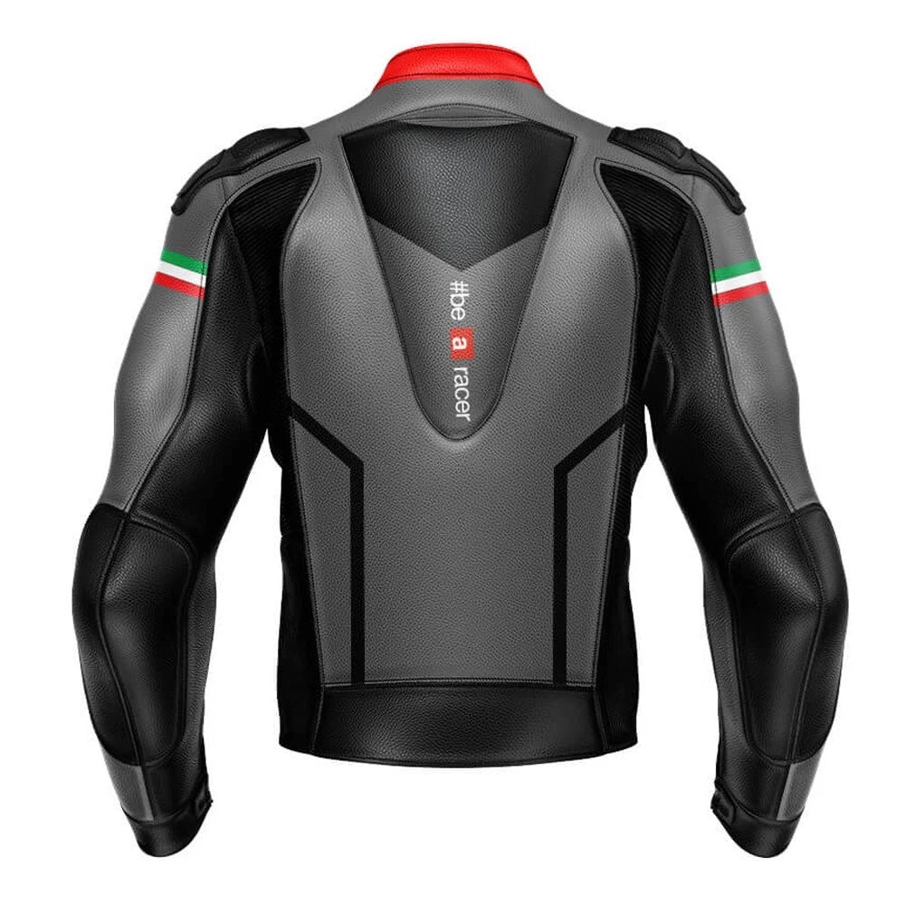 Detailed view of the Aprilia Racing chest logo, red technical accents, and slate grey leather panels on a racing jacket.