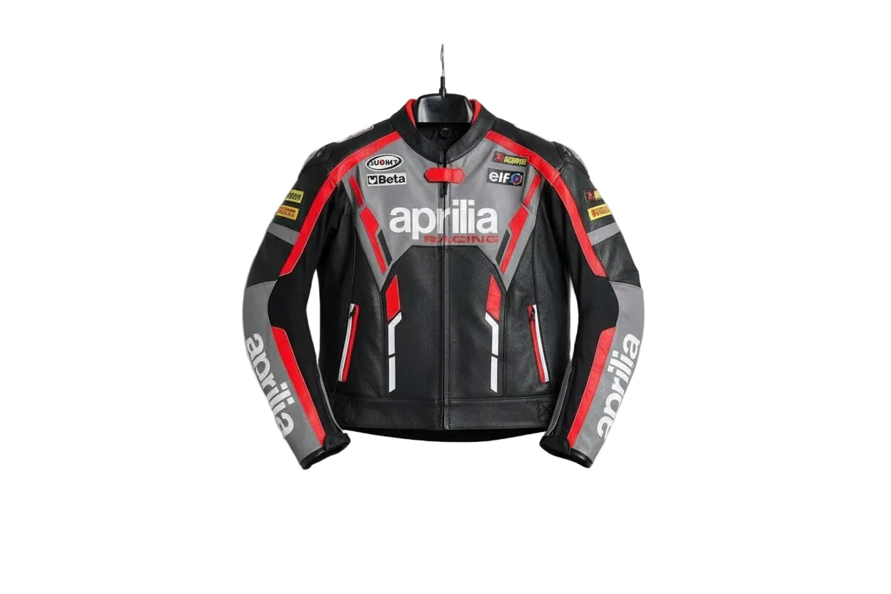 Aprilia Racing black, grey, red, and white leather motorcycle racing jacket with factory branding and sponsor logos.