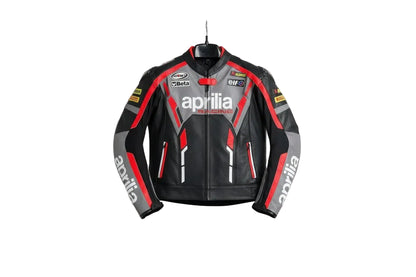 Aprilia Racing black, grey, red, and white leather motorcycle racing jacket with factory branding and sponsor logos.