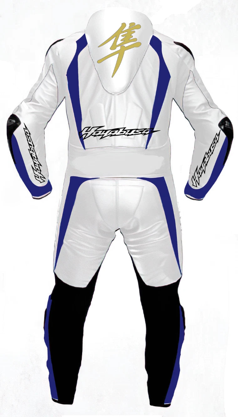 Detailed view of the gold Hayabusa kanji chest logo and royal blue technical panels on a professional track suit.