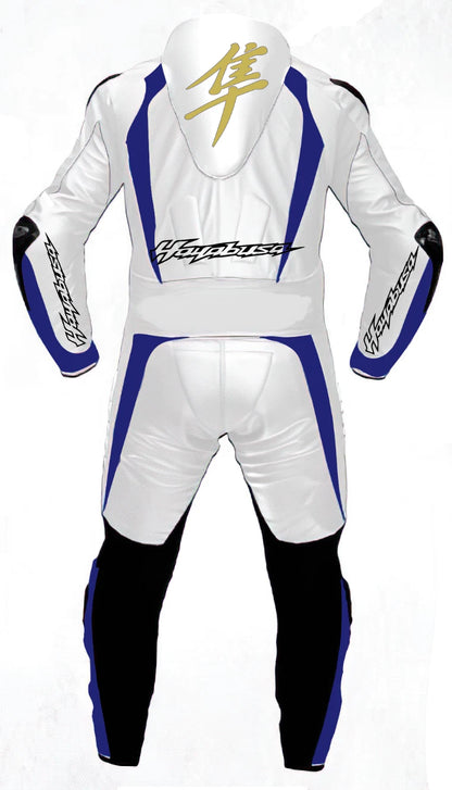 Detailed view of the gold Hayabusa kanji chest logo and royal blue technical panels on a professional track suit.