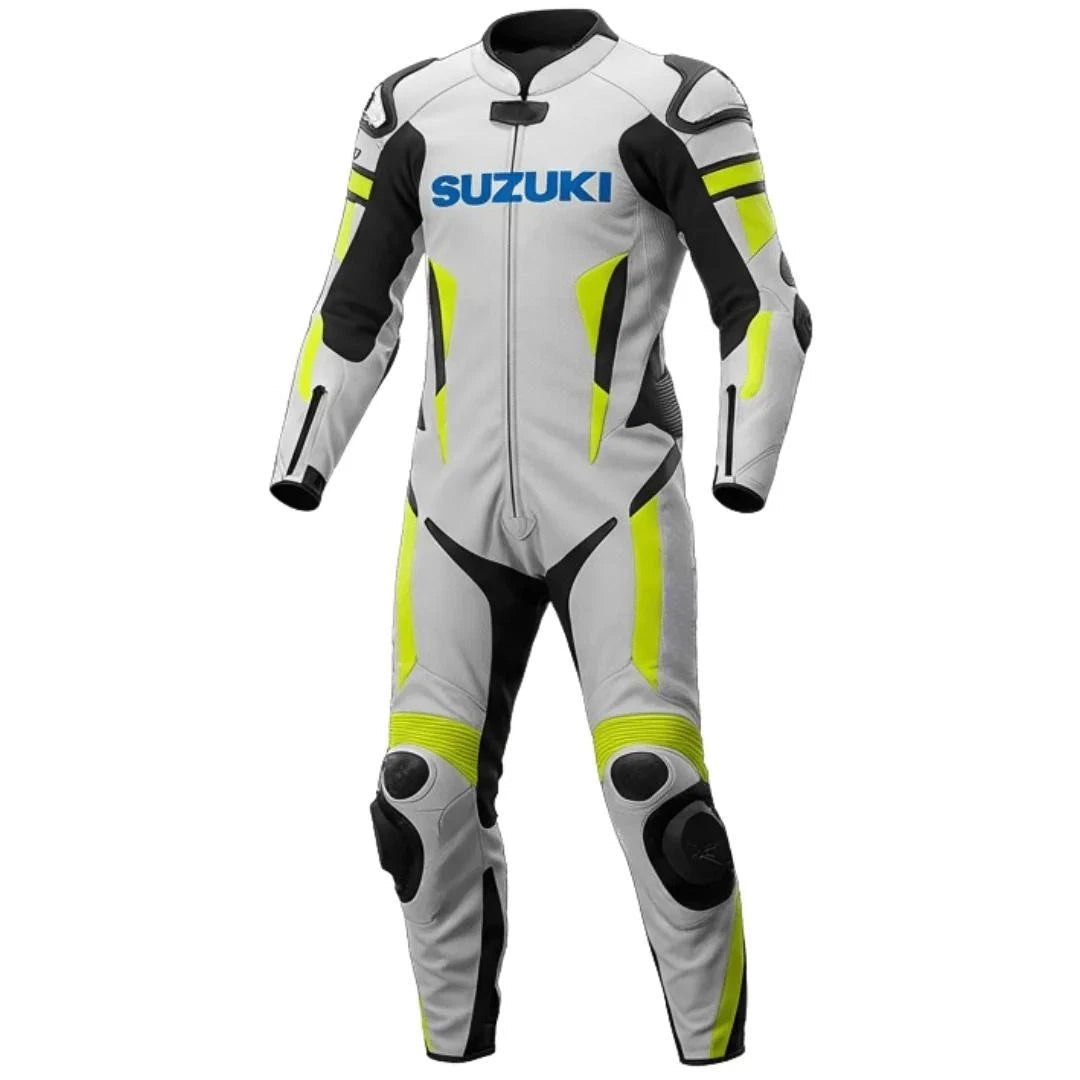 Suzuki one-piece leather racing suit in white, black, and neon yellow with professional armor and sliders.