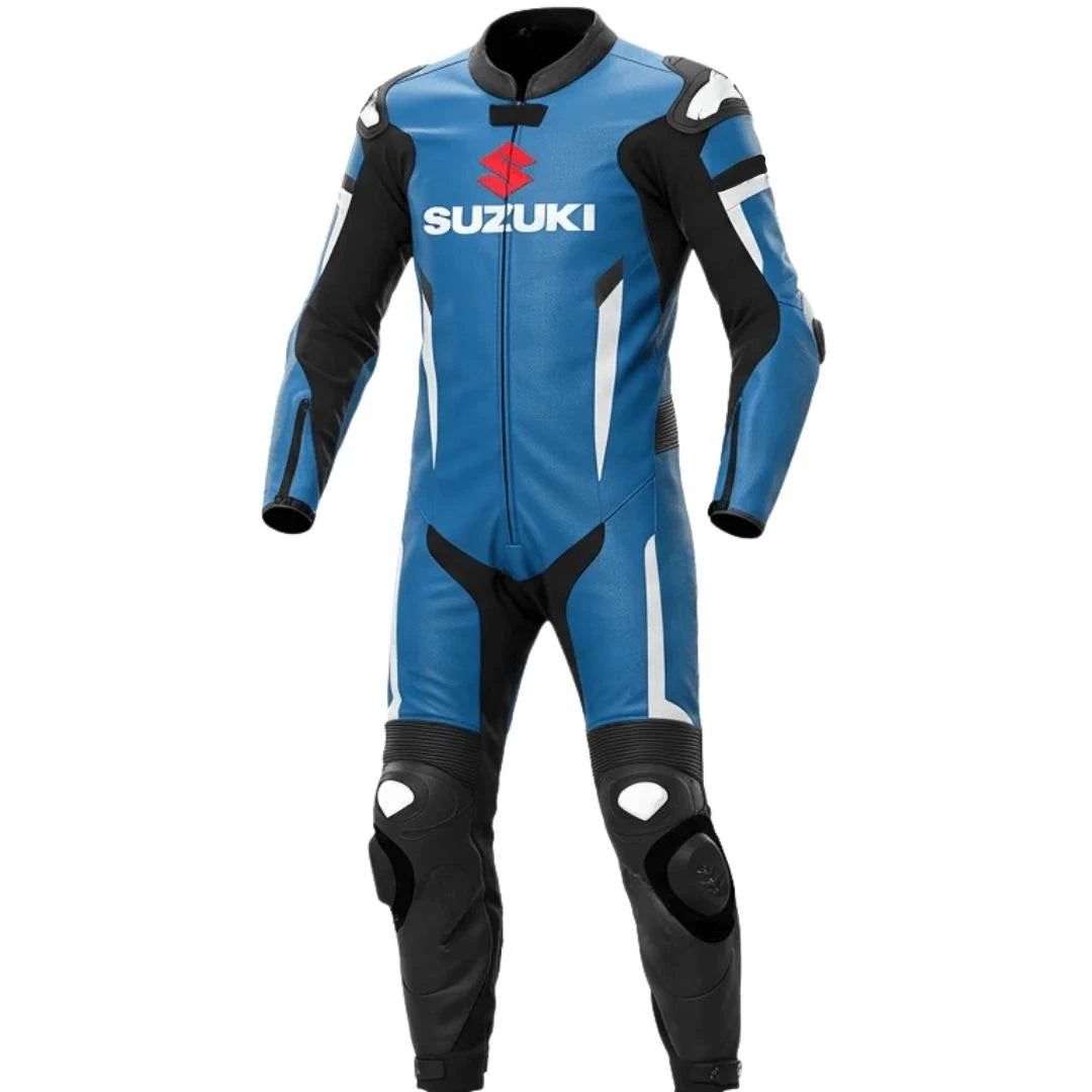 Suzuki professional one-piece leather racing suit in blue, white, and black with integrated armor.