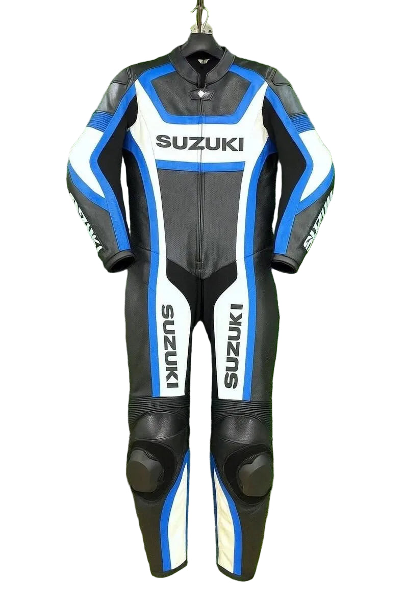 Suzuki one-piece leather racing suit in black, white, and blue with professional armor and sliders.
