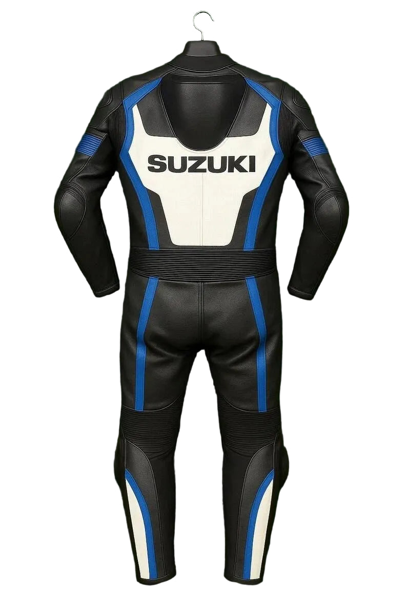 Detailed view of the Suzuki chest wordmark, royal blue accents, and perforated leather panels on a track suit.
