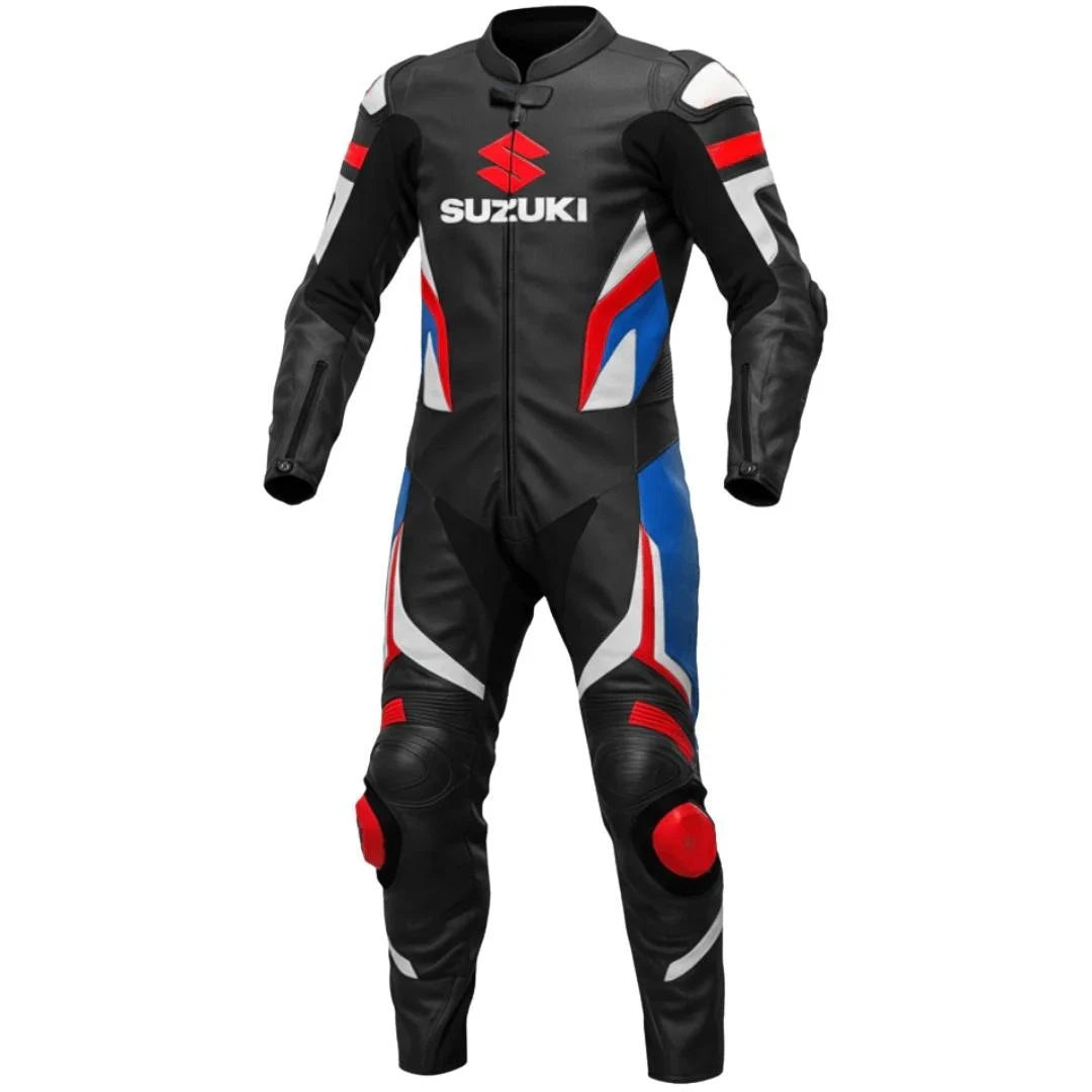 Suzuki professional one-piece leather racing suit in black, red, blue, and white with integrated armor.