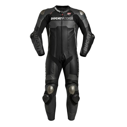 Ducati Corse professional one-piece leather racing suit in black and grey with perforated panels.