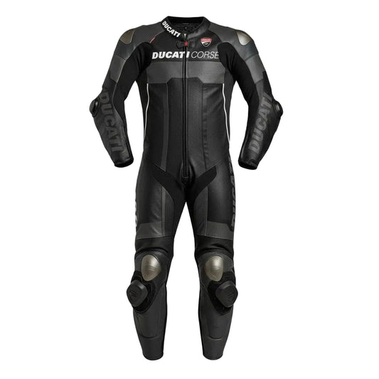 Ducati Corse professional one-piece leather racing suit in black and grey with perforated panels.
