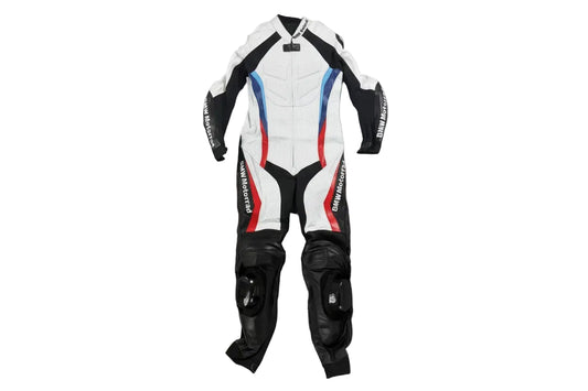 BMW Motorrad one-piece leather racing suit in white and black with M-sport tri-color livery.