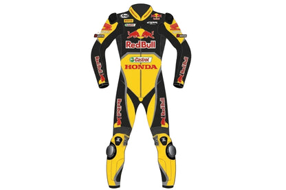 Red Bull one-piece leather motorcycle racing suit in black and yellow with factory logos.