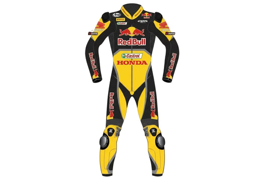 Red Bull one-piece leather motorcycle racing suit in black and yellow with factory logos.