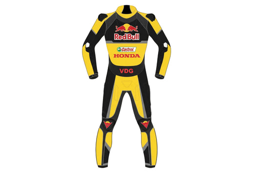 Professional track gear featuring a high-performance Red Bull livery with integrated safety armor and aerodynamic zones.