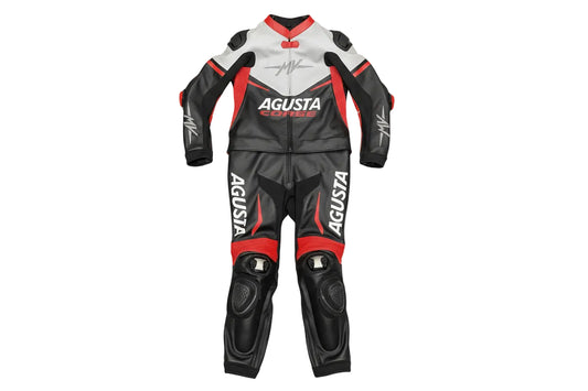 MV Agusta CORSE professional two-piece leather racing suit in red, white, and black with integrated armor.