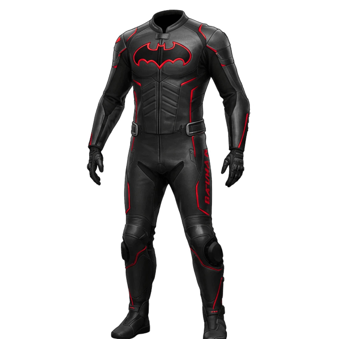 Custom Batman two-piece leather motorcycle racing suit in matte black and red with embossed chest logo.