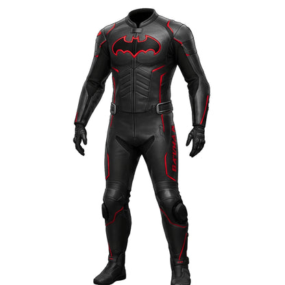 Custom Batman two-piece leather motorcycle racing suit in matte black and red with embossed chest logo.