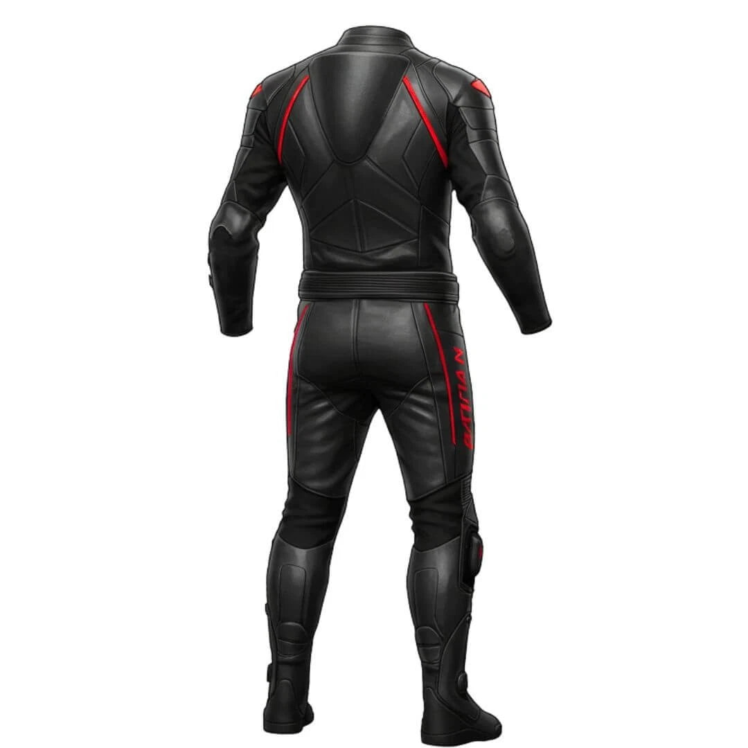 Professional track gear inspired by Batman featuring stealth matte leather and integrated safety armor.