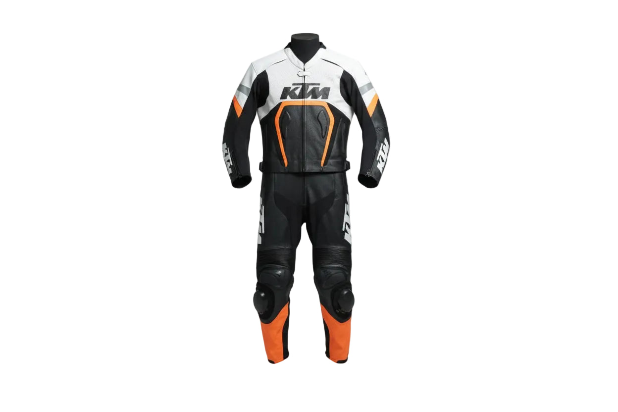 KTM professional two-piece leather racing suit in orange, white, and black with perforated chest panels.