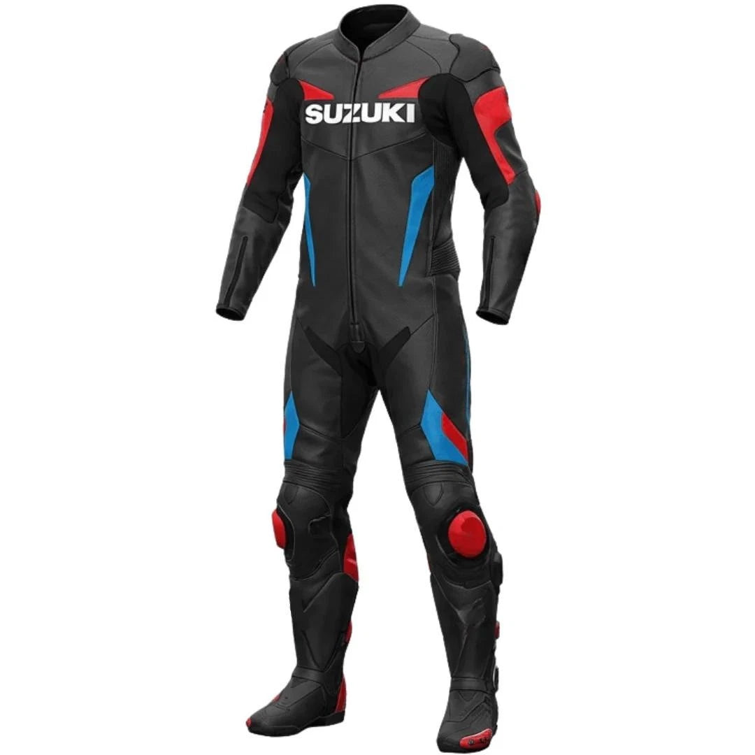 Suzuki professional one-piece leather racing suit in Black red and blue with integrated armor.