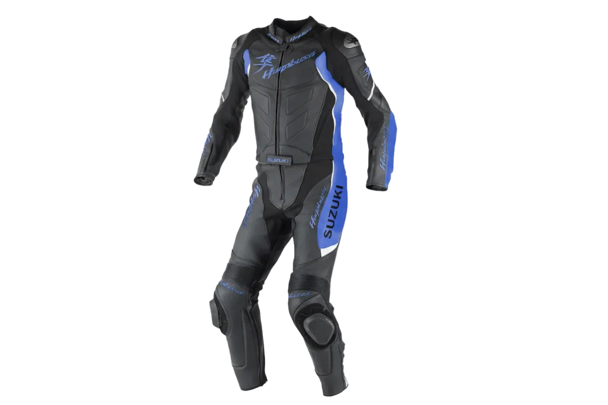 Suzuki Hayabusa two-piece leather racing suit in black and royal blue with perforated panels and armor.
