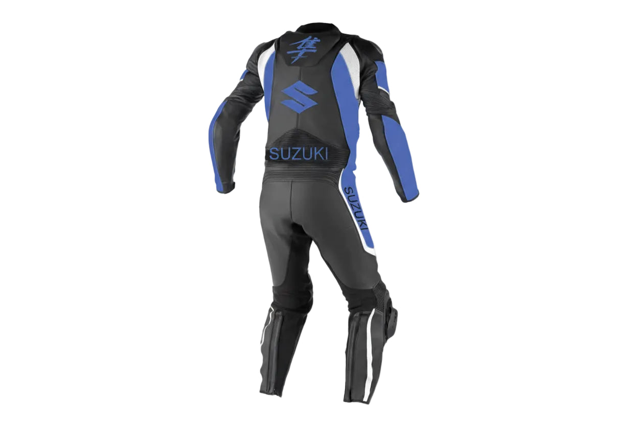 Detailed view of the royal blue Hayabusa kanji logo, Suzuki side branding, and professional track sliders on a leather suit.